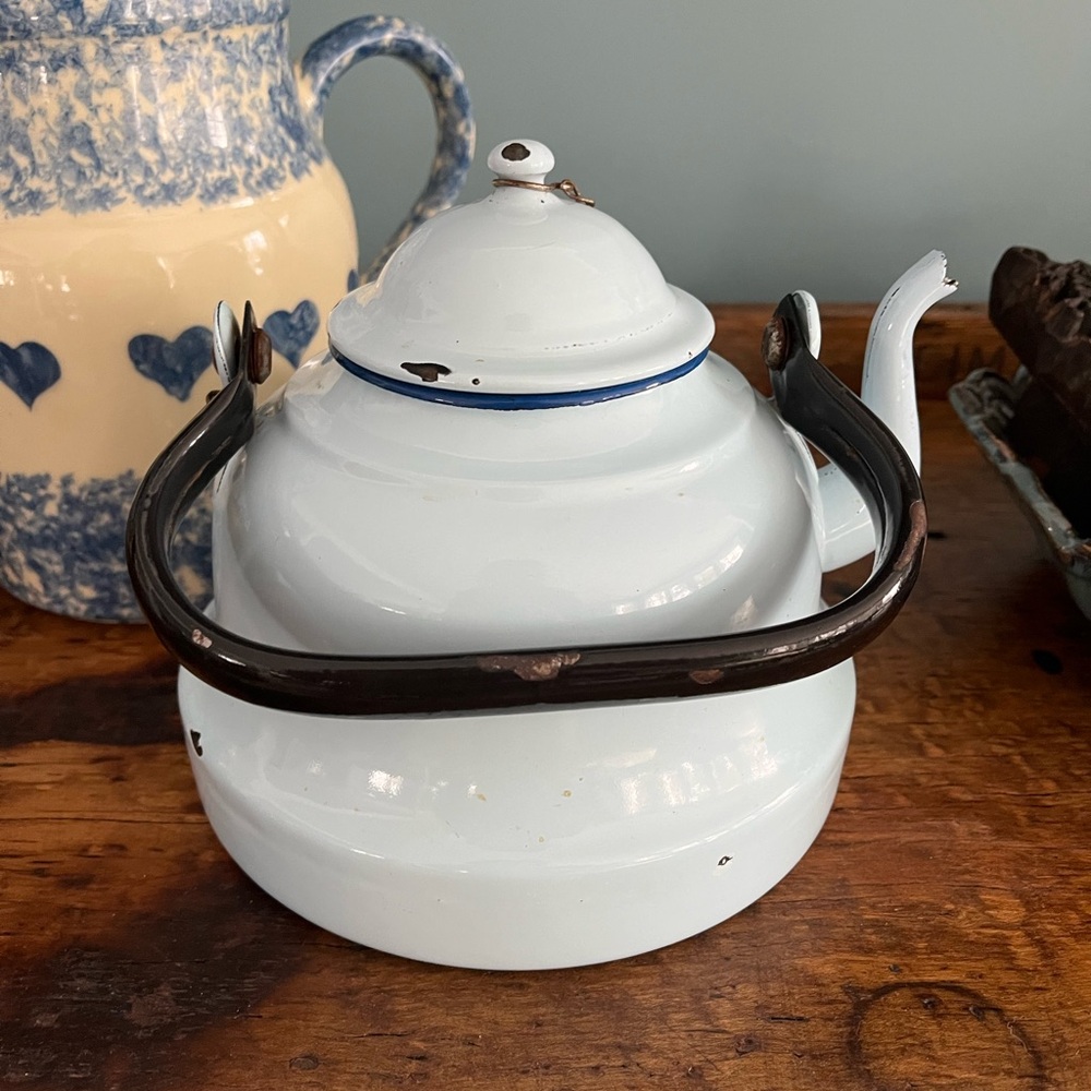 Vintage Enamel Kettle Tea Pot Pale Blue Meidas "Emailul" Germany Farm Cottage